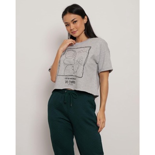 Camiseta Feminina Manga Curta Estampa Rosto Cinza