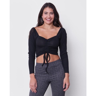 Blusa Cropped Feminina Colisse Canelada Preta
