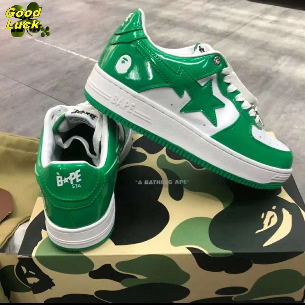 Original Bape Sta Five-Pointed Star Ape Head Low-Top Patente Couro Branco Verde Sapatos de Moda Masculina Sapatos de Moda Masculina Campus Tênis Sapatos Sociais Sapatos de Basquetebol