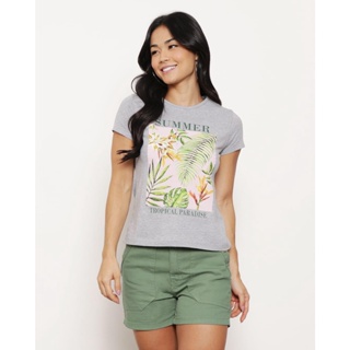 Camiseta Feminina Manga Curta Tropical Cinza Mescla