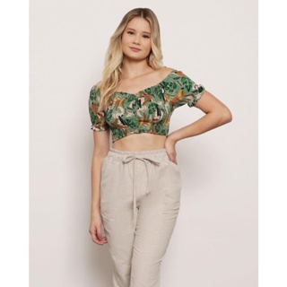 Blusa Feminina Cropped Viscose Lastex Estampada Verde