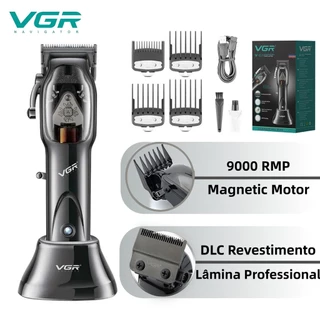 VGR Máquina de cortar cabelo profissional Lâmina revestida DLC Aparador de cabelo RPM 9000 Motor magnético 2500mAh Bateria Com Base Carregamento para homen V-653