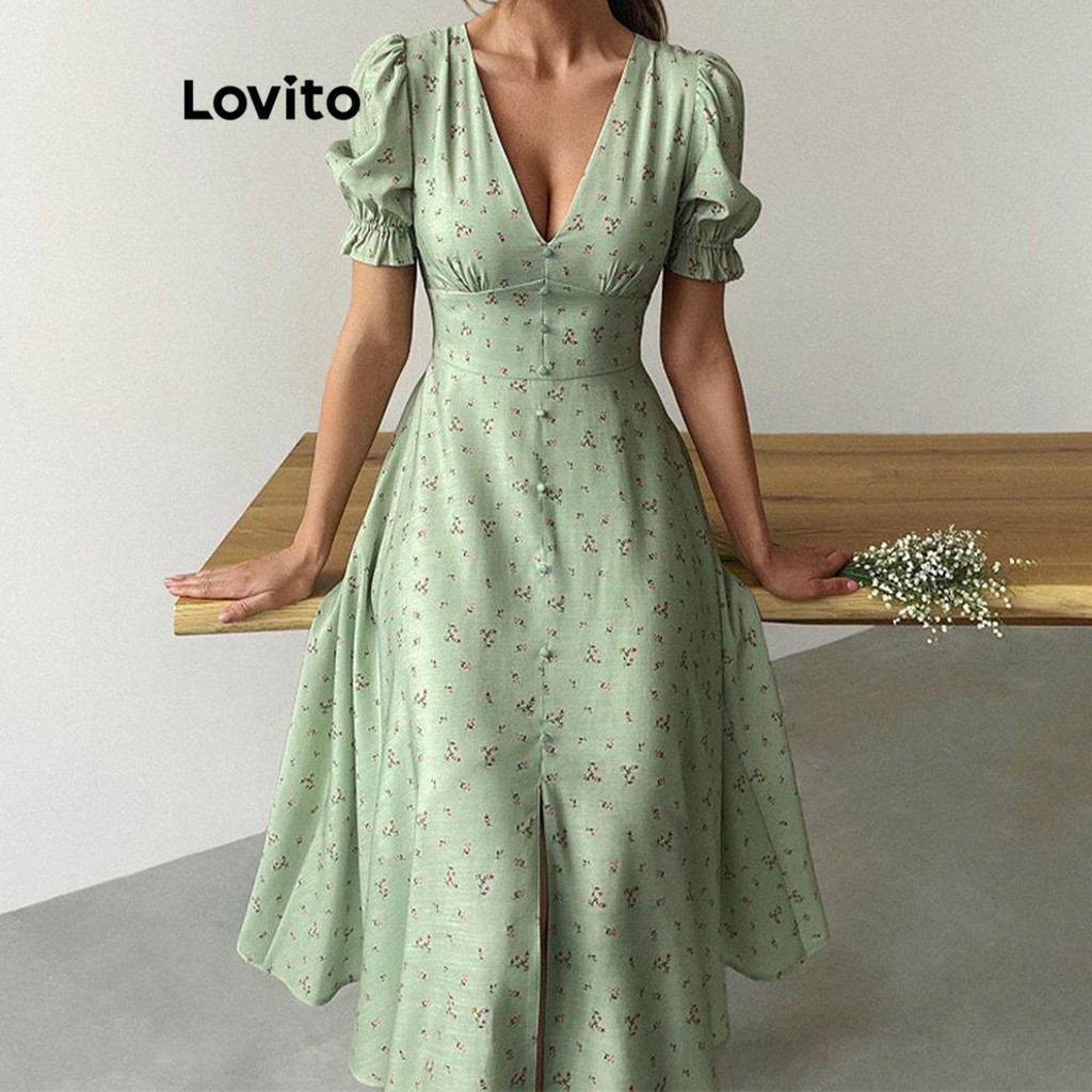 Lovito Casual Vestido Feminino Floral com Bainha Enrugada e Botão Frontal LNE31054 (Verde)