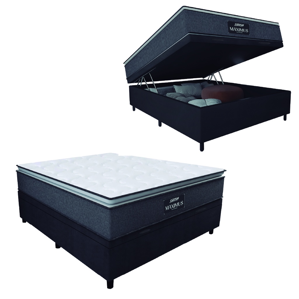 Cama Box Baú Casal Colchão Molas Ensacadas Pillow Top Maximus 138x188x69cm Cinza / Preto Gazin - Sup