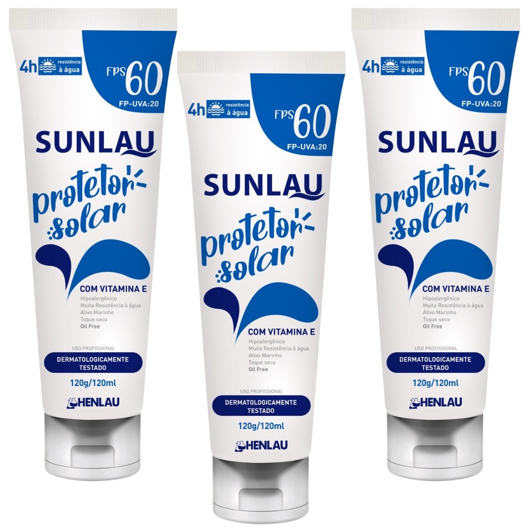 Kit 3 Protetor e Bloqueador Filtro Solar 60 FPS para o Corpo e Rosto Sunlau UVA/UVB - Com Vitamina E