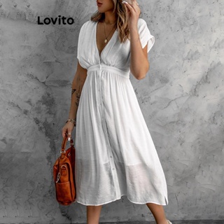 Lovito Vestido Boho Liso Com Botão Frontal Franzido Para Mulheres LNL41005