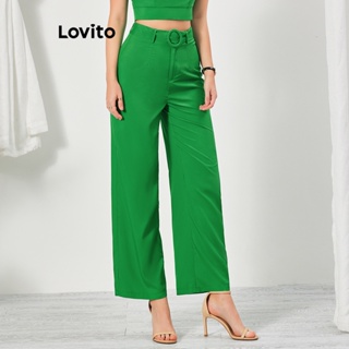 Lovito Elegante Calça Feminina Simples Plissada com Cinto e Fivela LBL07106