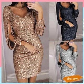DORA Vestido De Moda Ladies Tassels Manga Longa Com Pescoço Em V Festa Midi