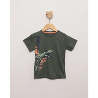 Camiseta Bebê Manga Curta Estampa Dinossauro Rex Verde