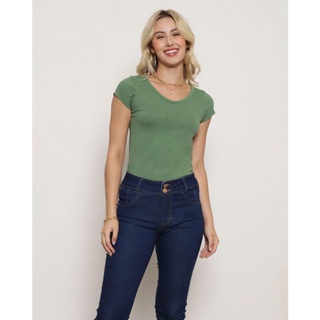 Blusa Feminina Decote V Manga Curta Básica Verde