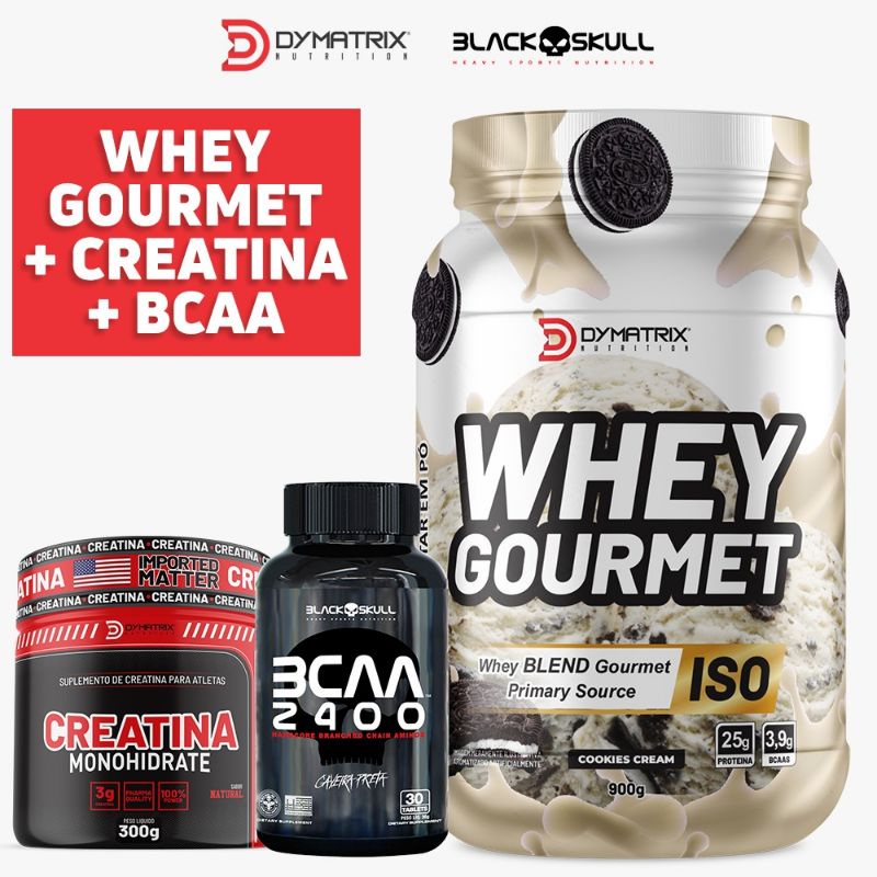 Kit BCAA Black skul 30 tabs+Whey gourmet+01Creatina 300g Dymatrix