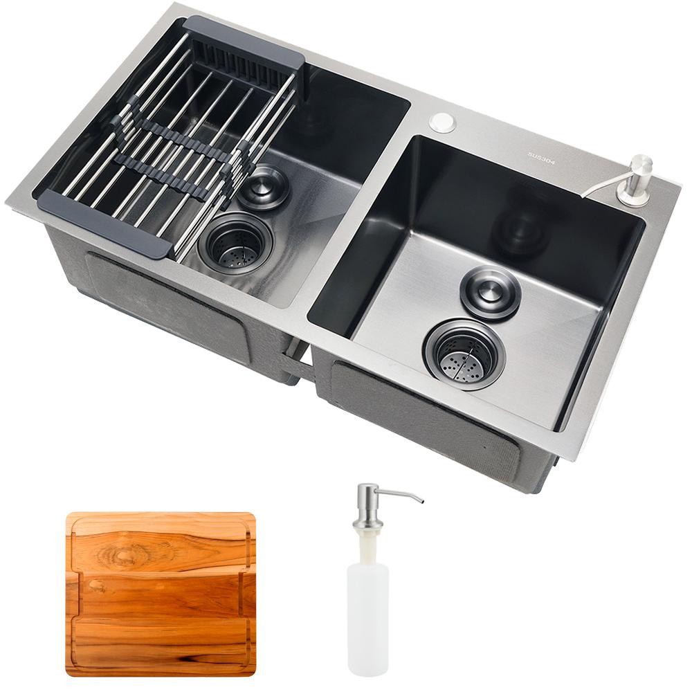 Cuba para cozinha pia dupla em aço inox com acessórios e tábua de corte Awá Pingoo - Preto