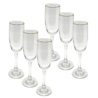 Kit Conjunto 6 Taças de Vidro Transparente Borda Dourada Para Champanhe Espumante 160ml Comemorações Natal Ano Novo Festas Aniversário