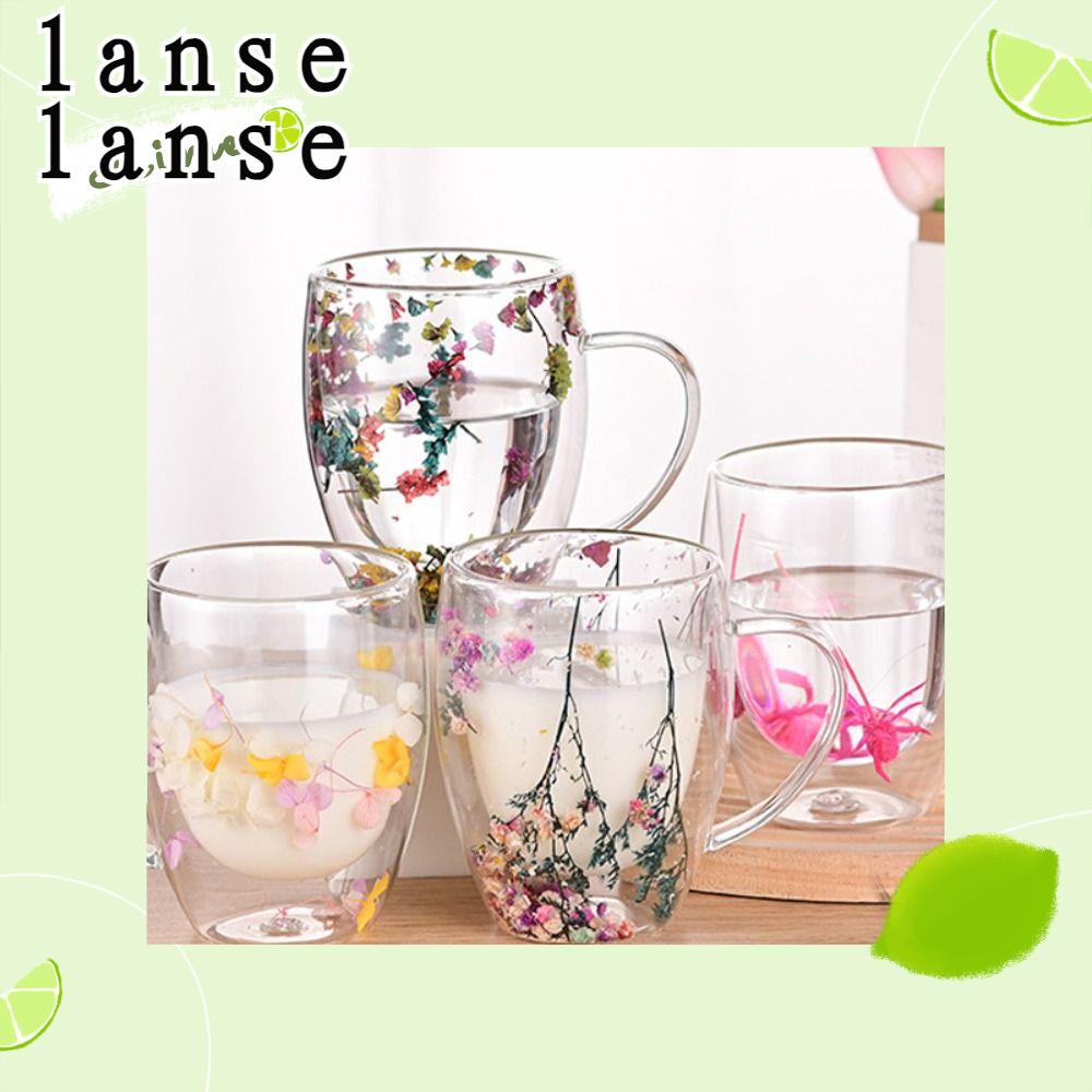 LANSEL Dry Flowers Cup , Copo Floral Simples De Vidro De Parede Dupla , Com Cabo Resistente Ao Calor Borosilicato Alto INS Tendências Caneca De Leite Espresso Criativa