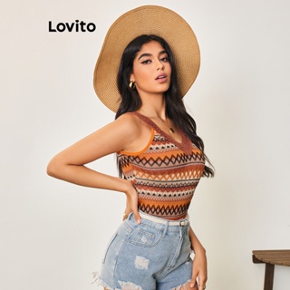 Lovito Casual Blusa Feminina Geométrica com Gola Contrastante LBA05019 (Laranja)