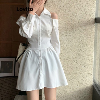 Lovito Vestido Casual De Ombro Frio Com Botão Liso Para Mulheres LNA41234