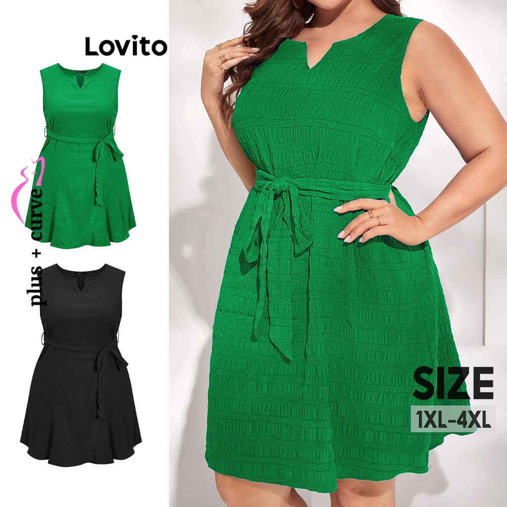 Lovito Plus Size Boho Vestido Feminino Liso de Jacquard com Cinto LBE05147 (Verde)