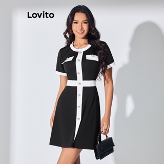 Lovito Vestido Elegante Liso Com Botões Colorblock Frontal Para Mulheres LBL07182