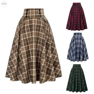 Mulheres Xadrez Saia Longa Vintage Senhoras Vestido Solto Cintura Alta Evasê