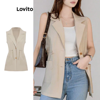 Lovito Jaqueta casual lisa com bolso e cordão para mulheres L105MD636
