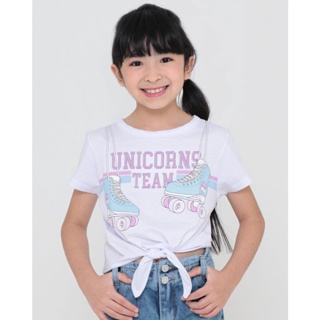 Blusa Infantil Manga Curta Unicórnio Paetês Amarração Branco