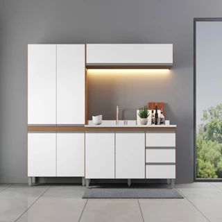 Armário de Cozinha Modulada Pequena Sabrina 200x202 Cm 3 Peças MDP Branco MENU