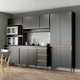 Armário de Cozinha Modulada com Paneleiro Torre Quente Sabrina 280 x 200 Cm 4 Peças MDP Preto MENU