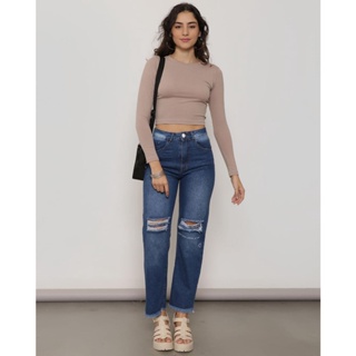 Calça Jeans Feminina Reta Destroyed Barra Desfiada Azul