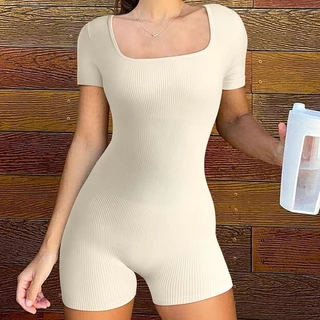 Macacões De Yoga Femininos De Pescoço Quadrado Com Costelas Bodycon Esportivo