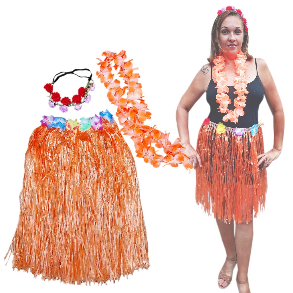 Fantasia Adulto Havaiana Festa Temática Tropical Luau Carnaval Hawaiana:  Saia + Colar + 2 Tiaras Flores Cores Sortidas