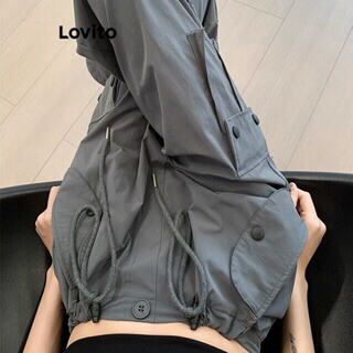 Lovito Calça Casual Lisa com Cordão e Bolsos para Mulheres LNA17139 (Cinza Escuro/Preto)
