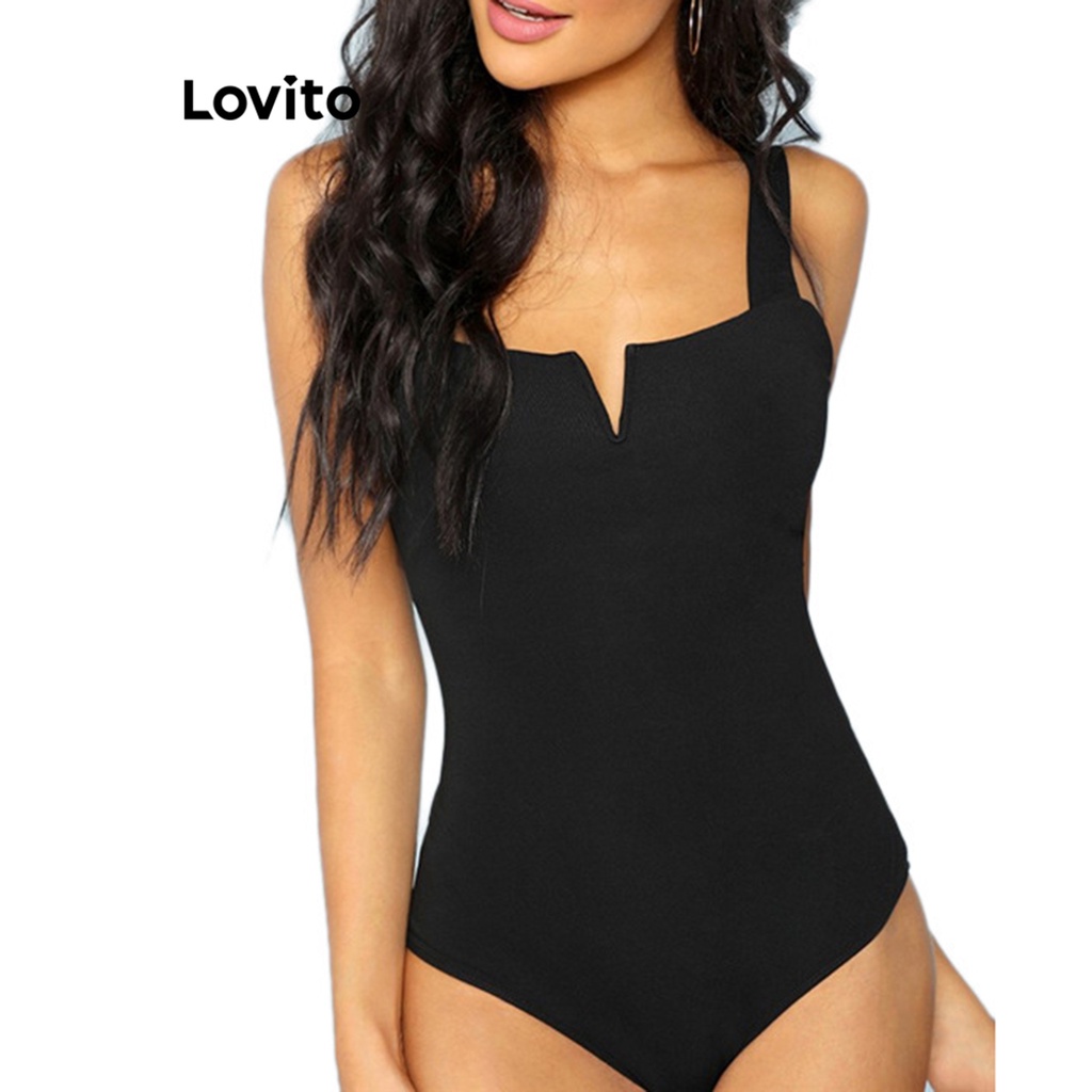 Lovito Body Casual Liso Básico Com Zíper Nas Costas Para Mulheres LNE31067 (Preto)