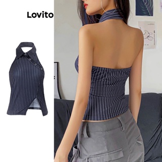 Lovito Plus Size Curva Sexy Listrado Botão Regata Para Mulheres LNE41139