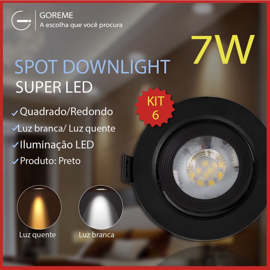 Kit 6 Luminária Spot Led Redondo Direcionável 7W Embutir Gesso Teto Preto | Branco Frio 6500K (Luz Branca) | Branco Quente 3000K (Luz Amarela) Bivolt Spot Super LED Pronta Entrega