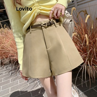 Lovito Shorts Casuais De Botão Liso Para Mulheres LNE33166 (Cáqui/Preto)
