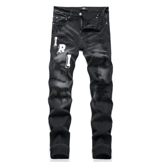 Novo Estilo de Calça Jeans Preta Bordada com Emblema Preto Bordado com Emblema Skinny Stretch Jeans Masculino 3529 Calça Jeans Pequena Reta Calça Jeans Rasgada