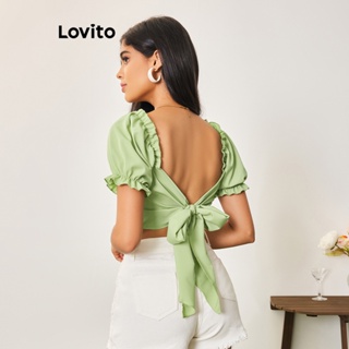 Lovito Casual Blusa Feminina Lisa com Laço Traseiro LBA05051 (Verde)