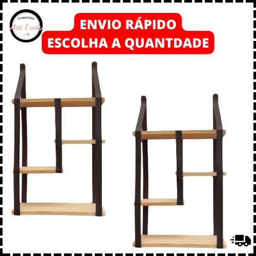 Prateleira de Madeira Pinus Maciça com Alça de Couro 4 Bases