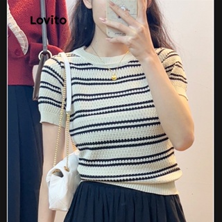 Lovito Top de Malha com Listras e Bolsos de Manga Curta com Botões Simples Casual para Mulheres LNE13021 (Apricot/Preto)