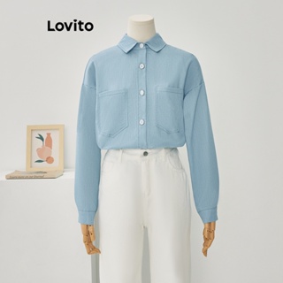 Lovito Casual Blusa Feminina Lisa Jeans Alinhada com Bolso LNE27166 (Azul Claro)