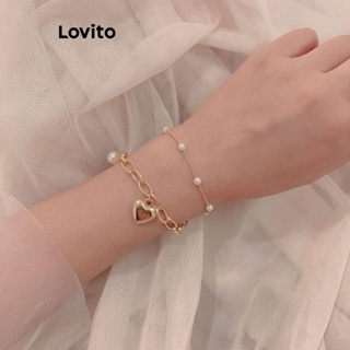 Lovito Pulseira Retrô Casual De Camada Dupla Com Corrente De Pérolas De Coração Liso Para Mulheres LFA11212