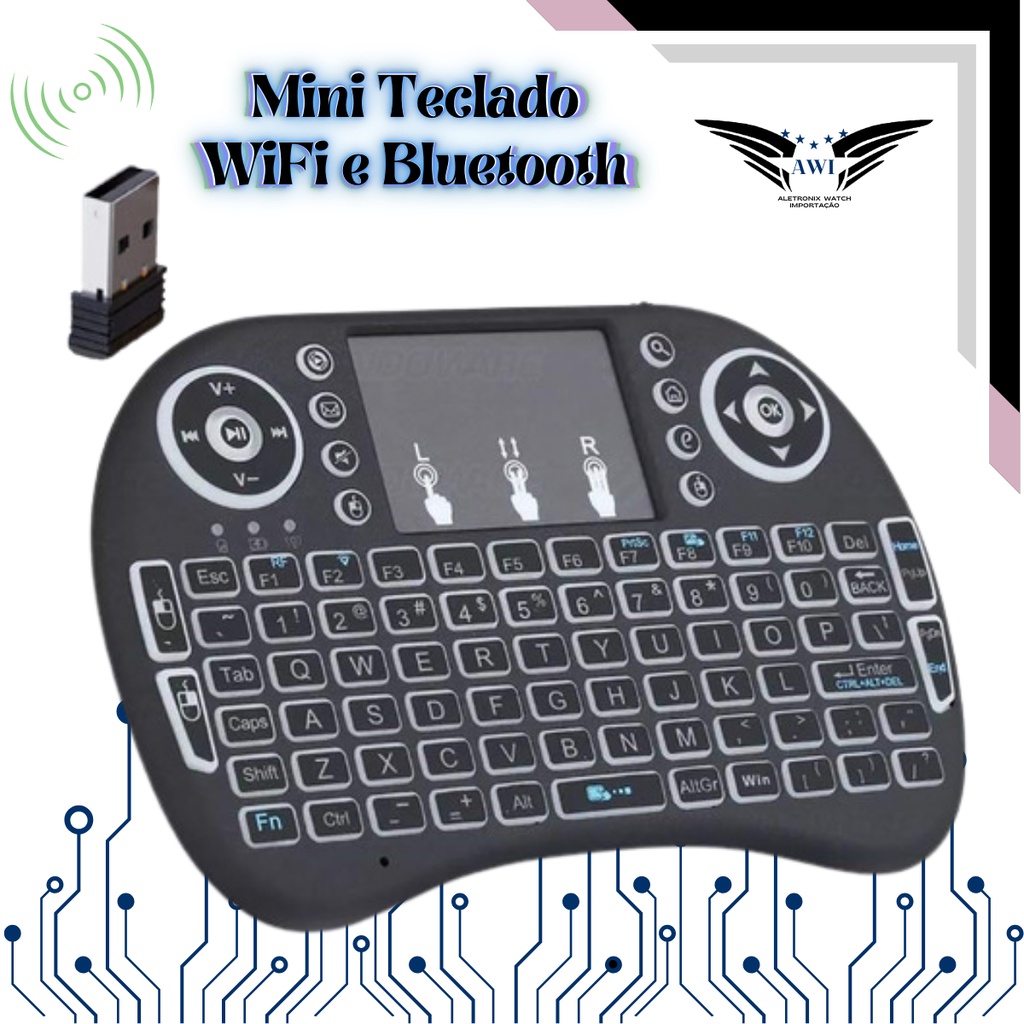 Mini Teclado WiFi e Bluetooth Controle Wireless Com 7 Cores de LED Touch Screen Original Para TV Celular Tablet Notebook