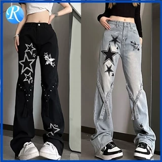Weila Ins Style Star Print Y2K Subculture Trend Calças De Ganga Femininas De Cintura Alta Casual Slimming Loose Fitting Jeans Para O Outono Da Primavera