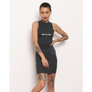 Vestido Feminino Regata Gola Alta Canelado Com Bordado Preto