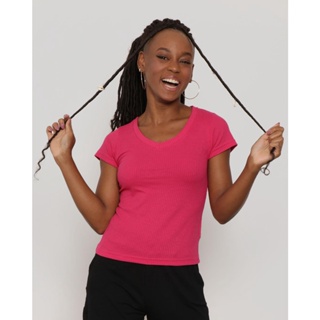 Blusa Feminina Decote V Manga Curta Canelada Rosa