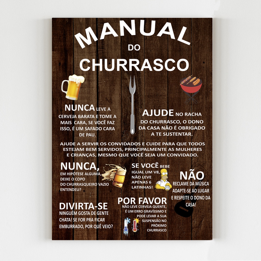Placa decorativa manual do churrasco quadro divertido