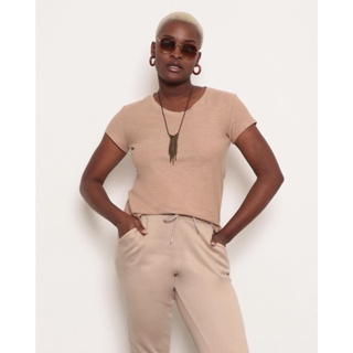Blusa Feminina Básica Decote V Flamê Bege Médio