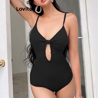 Lovito Maiô Sexy De Uma Peça Com Recorte Liso E Renda Para Mulheres LNL37169 (Marrom Preto)