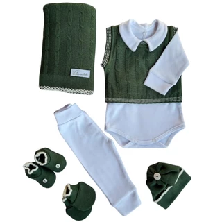 Saída Maternidade Menino Bebê RN CompletoTricot Verde Oliva