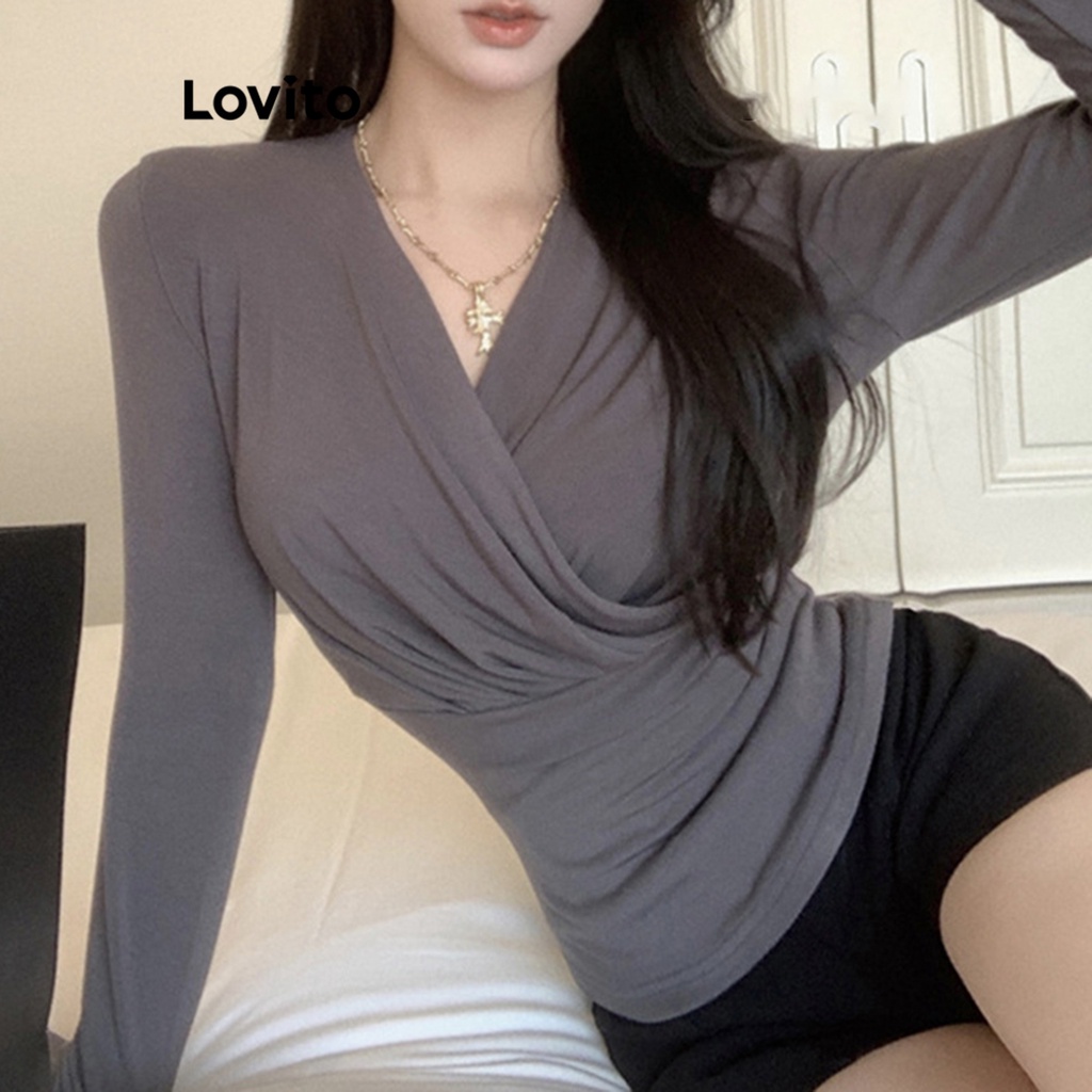 Lovito Camiseta Casual Lisa De Manga Comprida Com Decote Em V Para Mulheres LNA26253 (Cinza)